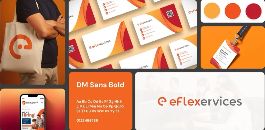 eFlexervices brand collage with tote bag, business cards and color palette